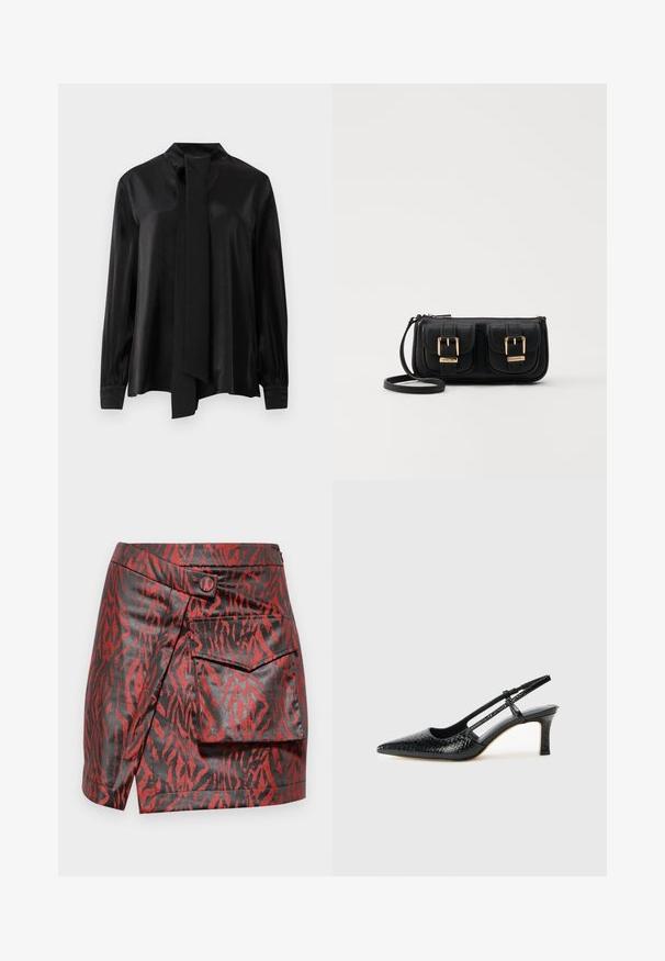 Svart blus med långa ärmar och hög krage, försedd med en fast sydd lång scarf, tillverkad av ett slätt, något glänsande tyg.; Röd och svart konstläderkjol med tigerstripemönster, omslagsdesign, frontknappdetalj och sidoficka.; Svart lackskin slingback-häl med spetsig tå, med texturerad ormskinnsprint, justerbar rem och en kort, texturerad blockklack.; Svart läderaxelväska med två framfickor, guldspännen, dragkedjestängning och en smal rem. Texturerad yta och kompakt rektangulär form.