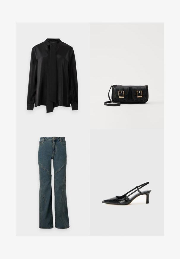 Black long-sleeve blouse with high neck and attached long scarf tie, made from smooth, slightly shiny fabric.; Blue denim jeans with a wide-leg design, featuring curved seam details and standard five-pocket styling. Unfinished hem at the bottom.; Black patent slingback heel with a pointed toe, featuring textured snake print, adjustable strap, and a short, textured block heel.; Black leather crossbody bag with two front pockets, gold buckles, zipper closure, and a slim strap. Textured surface and compact rectangular shape.