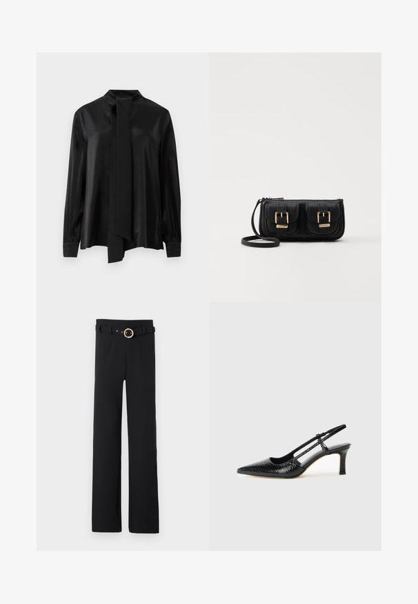 Černá blůza s dlouhým rukávem a vysokým límcem, s připojenou dlouhou šálou, vyrobená z hladkého, mírně lesklého materiálu.; Černé široké kalhoty z texturované látky, s páskem a zlatou kulatou sponou, a bočními kapsami.; Černé lakované slingback podpatky s špičatou špičkou, zdobené texturovaným hadím vzorem, nastavovacím páskem a krátkým texturovaným blokovým podpatkem.; Černá kožená crossbody taška se dvěma předními kapsami, zlatými přezkami, zipovým uzávěrem a štíhlým popruhem. Texturovaný povrch a kompaktní obdélníkový tvar.