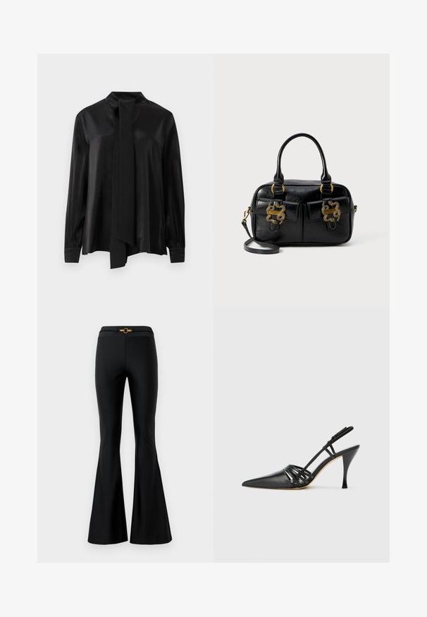 Svart blus med långa ärmar och hög krage, försedd med en fast sydd lång scarf, tillverkad av ett slätt, något glänsande tyg.; Svarta utsvängda byxor med en slät yta, utrustade med en åtsittande midja och en guldig cirkulär detalj framtill. Tillverkade av ett stretchigt material.; Svart läder högklackad slingback-sko med spetsig tå, korsande remdesign och smal stilettklack. Slät textur och minimala accenter.; Svart texturerad läderhandväska med dubbla handtag upptill, två framfickor och guld detaljer. Utrustad med en avtagbar axelrem.