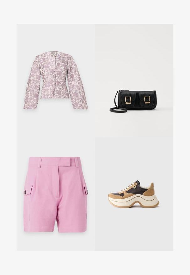 Baum und Pferdgarten MILLIE - Blouse - golden/purple; Light pink shorts featuring a tailored design, flat front, side pockets with button closures, and a smooth fabric texture.; Chunky sole sneaker in beige and dark brown with suede accents, white laces, and a small gold MK charm on the side.; Black leather crossbody bag with two front pockets, gold buckles, zipper closure, and a slim strap. Textured surface and compact rectangular shape.