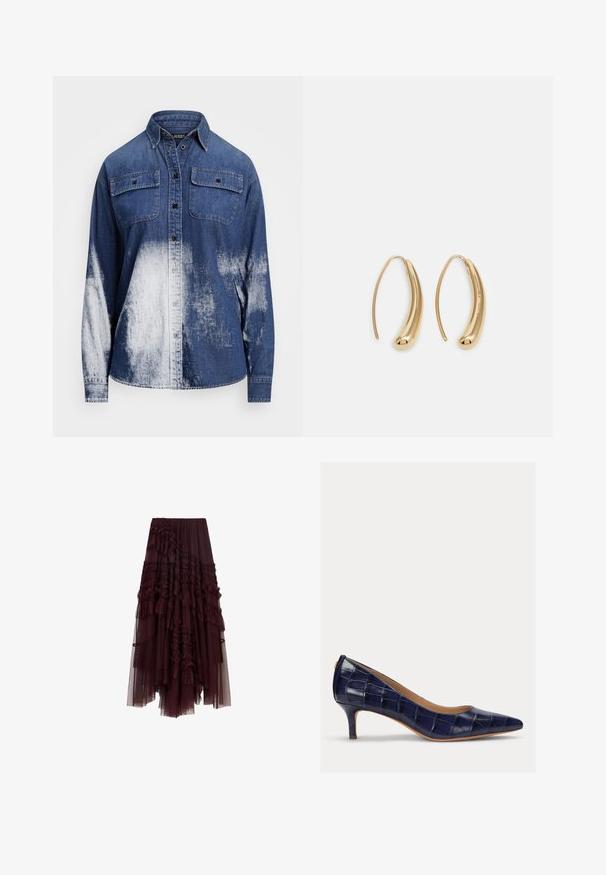 Denimskjorte med frontknapper, brystlommer og en gradientvask fra mørkeblå til lys blå, med en myk tekstur og klassisk krage.; Burgunderfarget tylskjørt med volanger, elastisk midje og varierende lengder, med en myk, lett tekstur.; Marinblå, lakkert høye hæler med spiss tå og en liten, slank hæl. Har en kviltet tekstur og ingen synlige maskinvarer.; Gullfargede metalløredobber med en buet, forlenget form. Har en jevn, blank overflate og en avrundet tupp for ekstra detaljer.