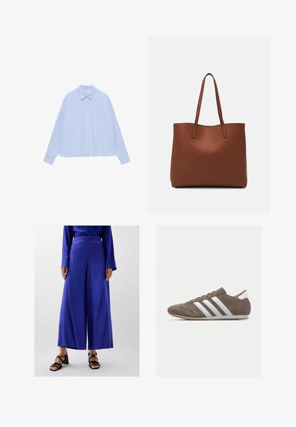 Lichtblauw, lange mouwen overhemd met knopen en een geruit patroon, een puntige kraag, een enkele borstzak en een iets oversized pasvorm.; Wijduitlopende trousers van een levendige blauwe stof met een subtiel patroon, voorzien van een platte tailleband en gecombineerd met zwarte sandalen met blokhakken en bandjes.; Bruine suède sportschoen met witte strepen, ronde neus, vetersluiting en gumrubberen zool. Gestructureerde bovenkant met stikseldetails.; Bruine leren tote bag met een gladde textuur, een ontwerp met een open bovenkant en twee schouderbanden. Kenmerkt zich door minimale stiksels en geen zichtbare hardware.