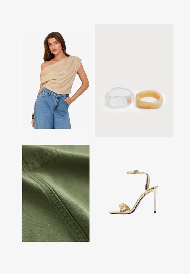 Beige, off-shoulder toppi, jossa on roikkuvaa kangasta ja hieno kiilto; yhdistetty korkeavyötäröisiin, vaaleanpesuun denim-farkkuihin. Sileä rakenne, rento istuvuus.; Next Farkkushortsit - khaki green; Kiilamatoit metallisé kullakarva sukkaniga, avatud varba disainiga, läikiva pinnaga ja saleda stiletto kontsaga. Musta tallaga aksent.; Selkeä ja meripihkaiset hartsi-renkaat, yksi sileä ja läpinäkyvä, toinen teksturoitu, meripihkan värinen. Molemmat esittelevät pyöristettyjä, massiivisia muotoja.