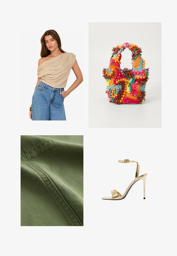 Beige, off-shoulder top med draperet stof og let glans; parret med højtaljede, lyse denim jeans. Glat tekstur, afslappet pasform.; Next Denimshorts - khaki green; Metallic guld højhælede sandal med ankelrem, åben tå-design, blank finish og en slank stiletto-hæl. Sort sål accent.; Perlebroderet taske med livlige farver: pink, orange, blå og brun. Struktureret overflade med runde perler og organiske former, solide håndtag.