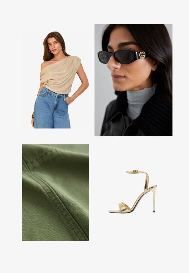 Beige top bez ramínek s drapovanou látkou a mírným leskem; v kombinaci s džínami v světle modré barvě s vysokým pasem. Hladký materiál, volný střih.; Next Džínové kraťasy - khaki green; Metalické zlaté sandály na vysokém podpatku s páskem kolem kotníku, otevřenou špičkou, lesklým povrchem a štíhlým stiletto podpatkem. Černá podrážka jako akcent.; Černé sluneční brýle s elegantním obdélníkovým rámem a zlatým logem na boční straně. Tmavé čočky a lesklý povrch jsou výrazné.