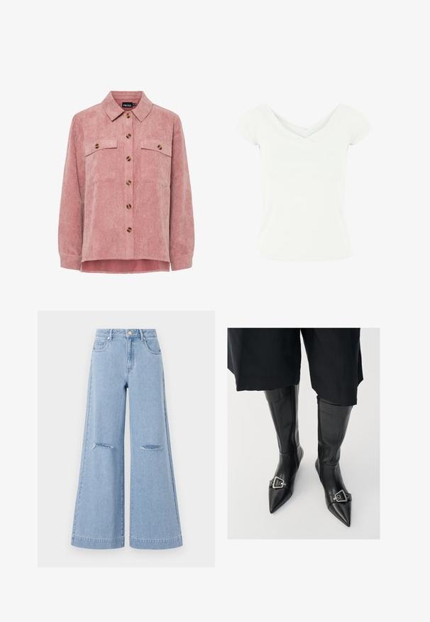 Rózsaszín kordbársony ingdzseki hosszú ujjakkal, két mellzsebbel és barna gombokkal. Klasszikus gallérral és texturált bordázott anyaggal rendelkezik.; Fehér, rövid ujjú felső, keresztbe nyakú kivágással, sima anyagból készült. Testhez simuló fazonú, rendezett hemline-nel rendelkezik.; Világoskék, bait lábszárral rendelkező farmernadrág, magas derékkal, két elülső zsebbel és két térden lévő tépés részlettel, denim anyagból készült.; Fekete bőr térdelt magasszárú csizmák hegyes orral és ezüst csattal. Belső oldalán cipzár található, sima felülettel.