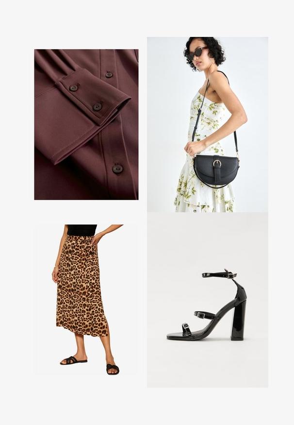 Bordoeza krāsas garām piedurknēm krekls ar gludu tekstūru. Raksturots ar salocītu aproci, pogu detaļām un smalkām krokojuma līnijām uz piedurknes.; Friends Like These SPUN BIAS MIDI REGULAR FIT - A-silueta svārki - brown leopard; Melni lakoti augstpapēžu sandales ar divām sprādzēm, kvadrātveida purngalu un masīvu papēdi, ar gludu, spīdīgu virsmu.; Melnas ādas rokassoma ar izliekta formu, noņemamu siksnu un zelta aksesuāriem. Somai ir vāciņš ar sprādzes detaļu.
