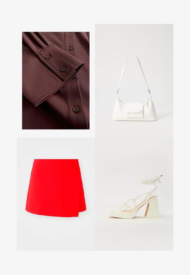 Burgunderrotes Langarmhemd mit glatter Textur. Mit umgeschlagenem Ärmelbündchen, Knopfdetails und dezenten Falten am Ärmel.; Roter Minirock mit glatter Textur, asymmetrischem Design und taillierter Passform. Keine sichtbaren Beschläge oder Muster.; Weiße High-Heel-Sandale mit einem klobigen Absatz, die über ein Riemchendesign und ein Knöchelband verfügt. Glatte Textur mit einer Plattform vorne für zusätzliche Höhe.; Weiße synthetische Handtasche in dreieckiger Form, flache Vorderklappe und Schleifendetail, verstellbarer Trageriemen, glatte Textur und minimalistisches Design.