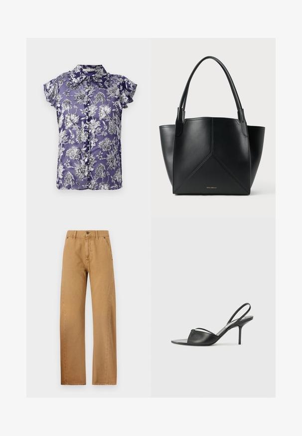 Vijoličast bluzica s kratkimi rokavi z rožnatim vzorcem v črni in beli barvi, ki ima sprednje zapiranje na gumb in ovratnik. Svilen tekstur.; Victoria Beckham TWISTED LOW RISE SLOUCH - Široke kavbojke - beige; Črni usnjeni slingback petni čevlji z ostrim nosom, tankim zapestnim trakom in stiletto peto. Imajo zanko na površini.; Črna usnjena torba za prenašanje z geometrijskim vzorcem, ki ima dve ročki in zlat tisk na sprednji strani. Gladka tekstura in strukturirana oblika.