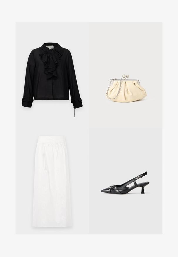 Černá blůza s dlouhými rukávy a volánkovým předním dílem, s tkaničkovým výstřihem a volánkovými manžetami, vystavená na bílém pozadí.; Bílá maxi sukně s elastickým pasem, jemnou květinovou výšivkou a splývavým střihem. Vyrobena z lehké tkaniny.; Černé kožené slingback boty s špičatou špičkou, dekorativními pásky s kovovými očky a nízkým blokovým podpatkem. Texturovaný povrch.; Plisovaná béžová kožená kabelka na psaní s rámem ze stříbrného kovu, vybavená dvěma kulatými dekorativními uzávěry a stříbrným řetízkem.