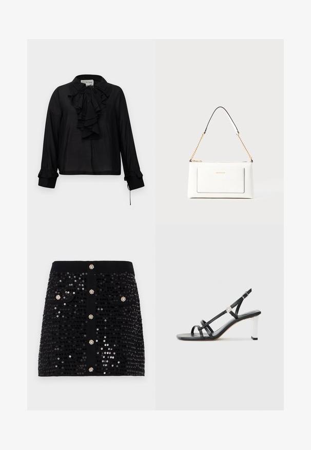 Zwarte blouse met lange mouwen, voorzien van een gerimpelde voorkant, striksluiting en gerimpelde manchetten, tentoongesteld tegen een witte achtergrond.; Zwarte paillettenrok met een aansluitend ontwerp, twee frontzakken en decoratieve knopen met juweelachtige accenten. Glad materiaal overal.; Zwarte hakken sandalen met meerdere smalle banden, een slingback ontwerp en een zilveren accent op de hak. Glad bovenmateriaal en vierkante hak.; Witte leren handtas met een textuurafwerking, voorzien van een gouden schouderhengsel en zwarte accenten. Inclusief een voorvak en ritssluiting.