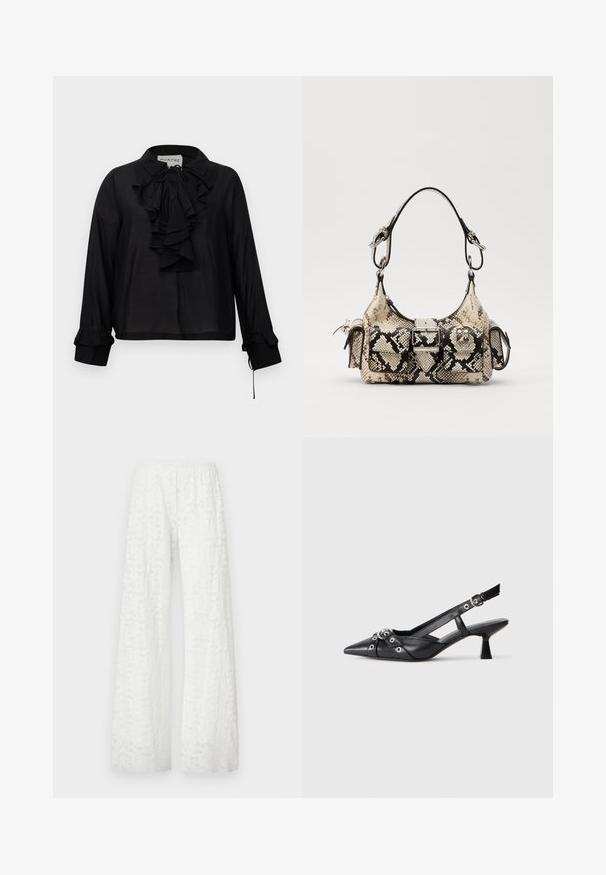 Zwarte blouse met lange mouwen, voorzien van een gerimpelde voorkant, striksluiting en gerimpelde manchetten, tentoongesteld tegen een witte achtergrond.; Witte wijde broek met een elastische tailleband, voorzien van een textuur met een bloemig kantpatroon door de stof.; Zwarte leren slingback schoen met een puntige neus, decoratieve banden met metalen oogjes en een lage blokhak. Textuur oppervlak.; Python-print handtas in beige en zwart, met een gestructureerde vorm, gespdetail en dubbele schouderbanden. Gestructureerd oppervlak.