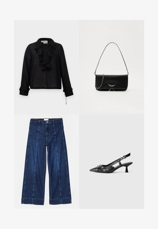 Blusa negra de mangas largas con volante en el frente, cuello con lazo y puños con volante, exhibida sobre un fondo blanco.; Pantalones vaqueros de pierna ancha en azul oscuro con costuras en contraste, cierre de botón y dobladillo liso. Fabricados con un material de algodón resistente.; Zapato de slingback negro de piel con punta afilada, correas decorativas con ojales de metal y un tacón bajo y ancho. Superficie texturizada.; Bolso de mano de cuero negro con una correa de cadena plateada, que presenta acentos decorativos en forma de alas y costuras blancas a lo largo de la costura inferior.