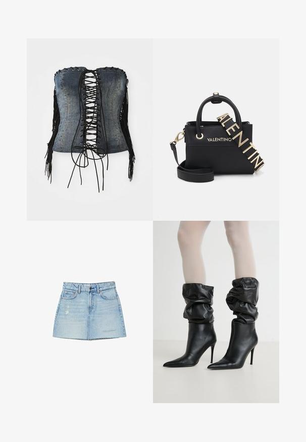 Traperasti korzet bez naramenica s crnim vezanjem sprijeda, srebrnim rupicama i crnim resicama s bočnih strana. Ima strukturiran kroj i izlizani izgled.; Svijetloplava traper suknja blago A-krevetnog kroja, s poderanim obrubom i izblijedjelim detaljima. Ima petlje za remen i prednje džepove.; Crne kožne gležnjače s opuštenim dizajnom, špicastim nosom i visokim štiklama, s mekim, teksturiranim završetkom oko manžetne.; Crna teksturirana kožna torba s zlatnim hardverom, dvostrukim ručkama i uklonjivim remenom za rame, s utisnutim imenom branda.