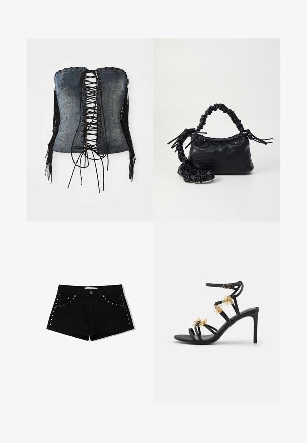 Corpetto in denim senza spalline con laccatura nera frontale, occhielli argentati e frange nere sui lati. Caratterizzato da una vestibilità strutturata e una texture invecchiata.; Shorts in denim nero con chiusura a bottone, caratterizzati da accenti di borchie lungo le tasche frontali e le cuciture laterali. Lunghezza corta e vestibilità classica.; Sandal in pelle nera con tacco alto e cinturini delicati, arricchita da accenti floreali dorati e texture lucida; presenta una chiusura a fibbia sulla cinghia alla caviglia.; Borsa a tracolla in ecopelle nera con texture a coccodrillo, apertura cinchata e tracolla arricciata. Si presenta con un design morbido e compatto.