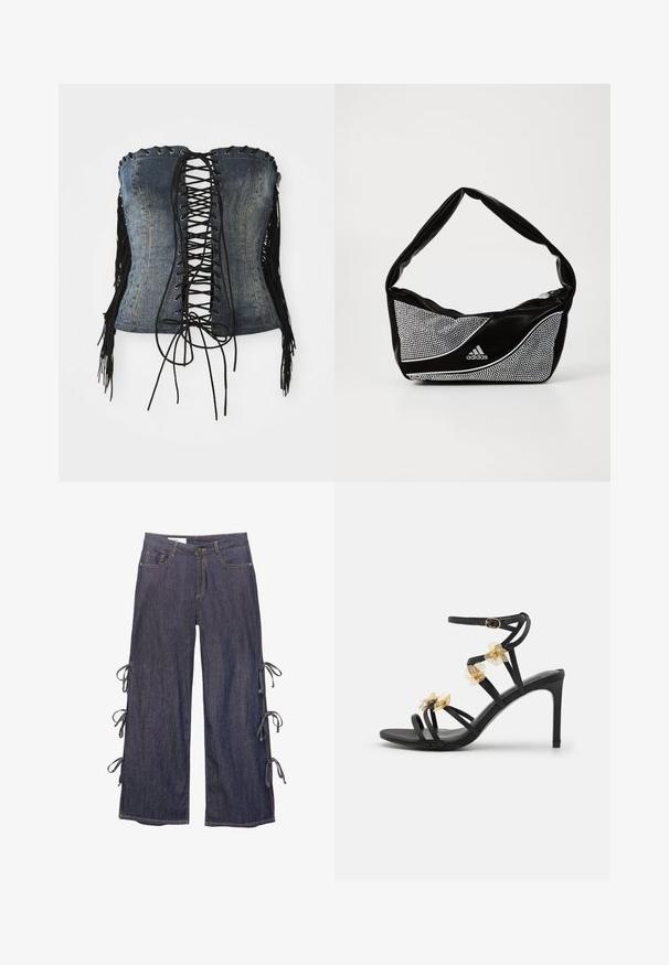 Denim trägerloses Korsett mit schwarzem Schnürverschluss, silbernen Ösen und schwarzen Fransenakzenten an den Seiten. Verfügt über eine strukturierte Passform und eine distressed Textur.; Dunkelblaue Denim-Hosen mit weitem Bein, seitlichen Bändern und einem Knopfverschluss. Verfügt über Fronttaschen und eine lässige Silhouette.; Schwarze, riemchen Sandalen mit hohen Absätzen, zarten goldenen Blumenakzenten und glatter Textur; verfügt über einen Schnallenverschluss am Knöchelriemen.; Schwarze und silberne adidas-Handtasche mit einer glatten Textur, die ein glänzendes, genietetes Muster und ein markantes, geschwungenes Design aufweist.