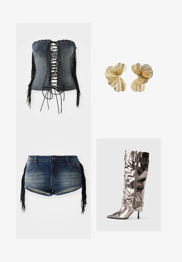 Denim strapless corset with black lace-up front, silver eyelets, and black fringe accents along the sides. Features structured fit and distressed texture.; Denim shorts in gradient blue wash with frayed hem and black fringe embellishments on the sides, featuring front pockets and a waistband.; Metallic knee-high boot with a slim stiletto heel, pointed toe, zip closure, and studded buckle straps. Features a wrinkled texture.; Gold-tone flower-shaped earrings with layered petals, featuring a textured finish and a central bead detail.