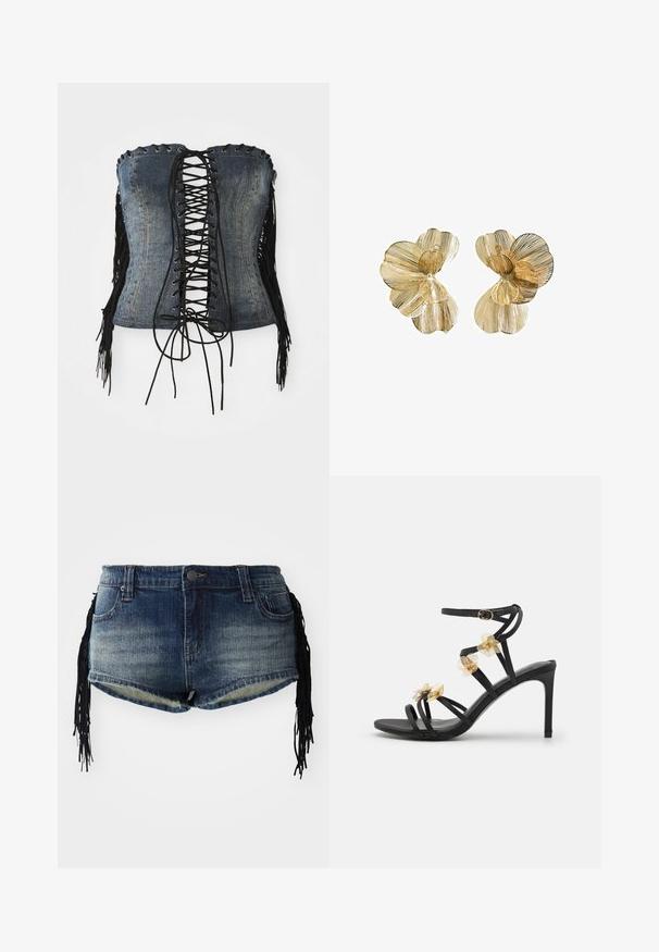 Traperasti korzet bez naramenica s crnim vezanjem sprijeda, srebrnim rupicama i crnim resicama s bočnih strana. Ima strukturiran kroj i izlizani izgled.; Traper šortsevi u gradijentnom plavom pranju s poderanim rubom i crnim resicama kao ukrasima sa strane, s prednjim džepovima i pojasom.; Crne sandale na visokoj peti s trakicama, ukrašene delikatnim zlatnim cvjetnim detaljima i glatkom teksturom; s kopčanjem na remenu oko gležnja.; Naušnice u obliku cvijeta zlatne boje s višeslojnim laticama, s teksturiranom površinom i centralnim detaljem u obliku perle.