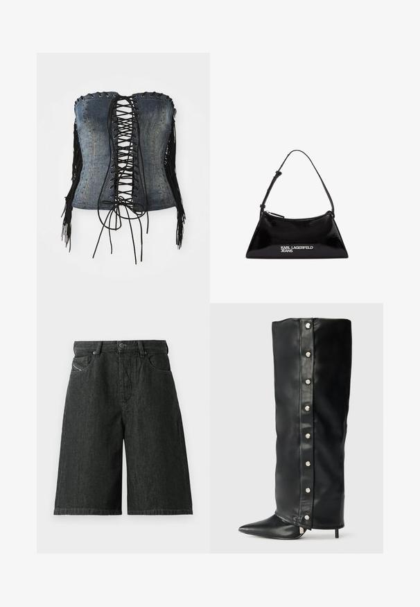 Denimo korsetas be petnešų su juodu raišteliu priekyje, sidabriniais akyčių užsegimais ir juodais pakraščiais šonuose. Aptemptas siluetas ir šiurkšti tekstūra.; Juodi džinsiniai šortai su laisvu kirpimu, su mygtuku ir užtrauktuku priekyje, diržo kilpomis ir dviem priekinėmis kišenėmis. Tekstūruota medžiaga su siuvinėjimo detalėmis.; Juodos odinės aukštakulnės bootai su prigludusia forma, smailiu smaigaliu ir sidabrinėmis užsegimais šone.; Juodas lakinės odos rankinės maišas trikampio formos, su viršutiniu užtrauktuku ir reguliuojama juostele. Sidabrinė logotipas "KARL LAGERFELD JEANS".