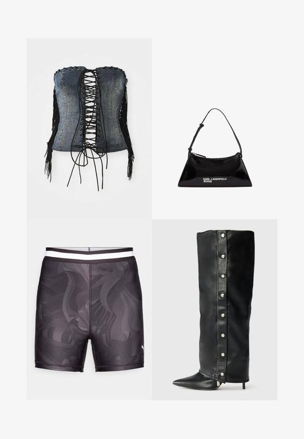 Corsé sin tirantes de denim con un frente de encaje negro, ojales plateados y acentos de flecos negros a los lados. Presenta un ajuste estructurado y una textura desgastada.; Bañadores negros de tejido suave, con un patrón sutil, un diseño ajustado y una cinturilla elástica blanca en contraste.; Botas de cuero negro de tacón alto con un diseño ajustado, puntera afilada y acentos de botón de presión plateados a lo largo del costado.; Bolso de mano de charol negro con forma triangular, con cremallera superior y correa ajustable. Logo "KARL LAGERFELD JEANS" en plateado.