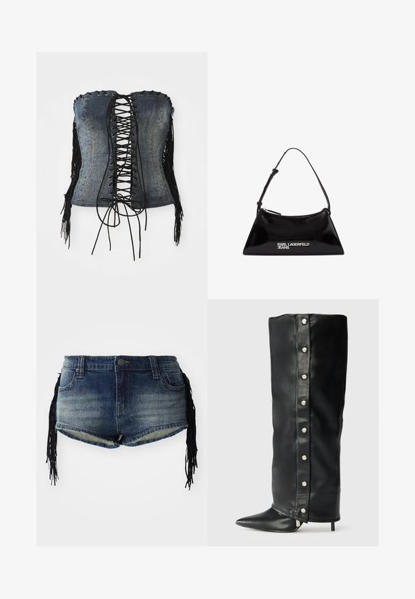 Denim strapless korsete ar melnu šņorēšanu priekšpusē, sudraba aciņām un melnām fringu akcentiem sānos. Iespējo strukturētu piegriezumu un nolietotu tekstūru.; Denim šorti ar gradienta zilo mazgāšanu, ar sakostu apakšu un melnām frizierēm sānos, ar priekšējām kabatām un jostasvidu.; Melna ādas augstpapēžu zābaki ar pieguļošu dizainu, norādītu purngalu un sudrabu spiedpogu akcentiem gar sāniem.; Melna lakota ādas soma ar trīsstūra formu, aprīkota ar augšējo rāvējslēdzēju un regulējamu siksnu. Logo "KARL LAGERFELD JEANS" sudraba krāsā.
