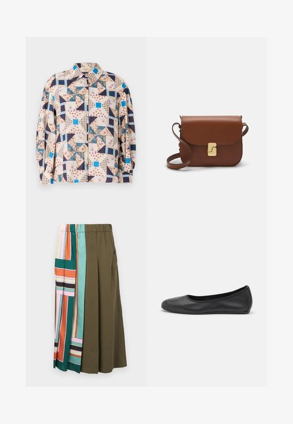 Chemise à boutons avec un design patchwork comportant des motifs floraux et géométriques dans des tons beiges, bleus, navy et rouges ; manches longues.; Jupe mi-longue avec une taille élastique ; tissu uni de couleur vert olive mélangé avec des motifs géométriques colorés en panneaux sur un côté.; Ballerines en cuir noir avec un bout rond, texture lisse, détails de couture minimalistes et design de semelle flexible.; Sac à main en cuir marron avec une fermeture à rabat, des accents en métal doré, une bandoulière et une texture lisse. Forme rectangulaire compacte.
