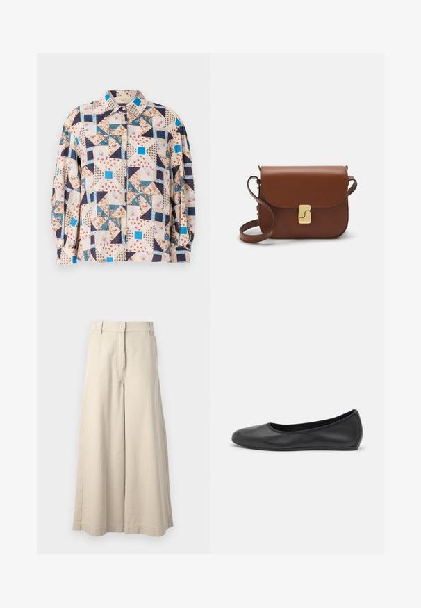 Button-Up-Hemd mit einem Patchwork-Design aus floralen und geometrischen Mustern in Beige-, Blau-, Marine- und Rottönen; Lange Ärmel.; Beige weit geschnittene Hose mit Knopfverschluss und Fronttaschen. Hergestellt aus weicher Baumwolle, mit tailliertem Bund und sauberen Abschlüssen.; Schwarze Leder-Ballettschuhe mit abgerundeter Spitze, glatter Textur, minimalen Nähdetails und einem flexiblen Sohlen-Design.; Braune Ledertasche mit Klappenverschluss, Beschlägen in Goldfarbe, einem Schultergurt und einer glatten Oberfläche. Kompakte rechteckige Form.