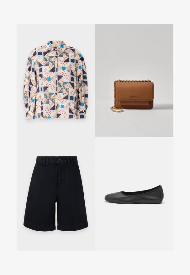 Chemise à boutons avec un design patchwork comportant des motifs floraux et géométriques dans des tons beiges, bleus, navy et rouges ; manches longues.; Shorts en denim noir à coupe droite, avec une fermeture à bouton, des passants de ceinture et des ourlets roulés. Texture lisse avec des détails de couture subtils.; Ballerines en cuir noir avec un bout rond, texture lisse, détails de couture minimalistes et design de semelle flexible.; Sac en cuir texturé marron en bandoulière avec une sangle en chaîne dorée et une fermeture à rabat. L'avant présente un détail de logo et une poche sous le rabat.