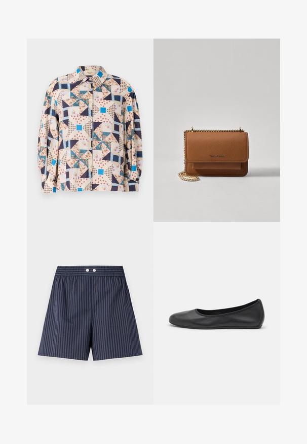 Overhemd met knopen en een patchworkontwerp met bloemen- en geometrische patronen in beige, blauw, marineblauw en rode tinten; lange mouwen.; Marineblauwe gestreepte short met een elastische tailleband, voorzien van twee witte knopen aan de voorkant, gemaakt van lichtgewicht stof.; Zwarte leren ballerina met een ronde neus, gladde textuur, minimale stikdetails en een flexibele zoolontwerp.; Bruine lederen schoudertas met textuur, voorzien van een gouden kettingstrap en klepsluiting. De voorkant heeft een logo-detail en een zak onder de klep.