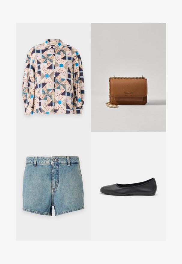 Košeľa na gombíky s patchworkovým dizajnom, ktorý zahŕňa kvetinové a geometrické vzory v béžových, modrých, námorníckych a červených odtieňoch; dlhé rukávy.; Džínsy šortky v svetlo modrej farbe s vyblednutou textúrou, rovný strih a zahnuté okraje. Obsahujú predný gombík a klasický dizajn s piatimi vreckami.; Čierne kožené baleríny s okrúhlou špičkou, hladkým povrchom, minimálnym prešívaním a flexibilným dizajnom podrážky.; Hnedá textúrovaná kožená taška cez telo s zlatým reťazovým popruhom a preklopným uzáverom. Predná strana obsahuje detail s logom a vrecko pod preklopkou.