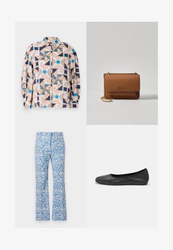 Button-up shirt featuring a patchwork design with floral and geometric patterns in beige, blue, navy, and red tones; long sleeves.; Flared pants in blue and white floral pattern, featuring a smooth fabric, a zipper fly, and two front pockets.; Black leather ballet flat with a rounded toe, smooth texture, minimal stitching detail, and a flexible sole design.; Brown textured leather crossbody bag with gold chain strap and flap closure. Front features logo detail and a pocket under the flap.