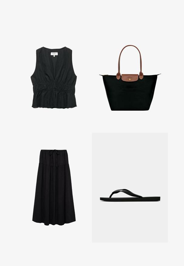 Black sleeveless top with a deep V-neck and gathered waist. Made of soft fabric, featuring a flared hem with raw edges.; Black midi skirt with gathered tiers, textured fabric, and a drawstring waist.; Black rubber flip-flop sandal with a textured thong strap and simple flat sole, shown from side on a plain light background.; Black nylon tote bag with brown leather accents, single shoulder straps, a top zip closure, and a small exterior pocket with a clasp.