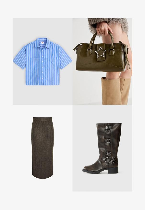 Chemise bleu à manches courtes et boutonnière avec des rayures verticales blanches. Comprend deux poches avant et un col pointu. Fabriquée dans un tissu léger.; Pieces Jupe longue - morel; Bottes en cuir marron jusqu'aux genoux avec plusieurs boucles, un bout rond et un petit talon chunky. Présentent une finition texturée et des sangles ajustables.; Sac à main en simili cuir vert olive avec accent étoilé argenté, deux poignées et fermeture éclair. Surface texturée et forme structurée.