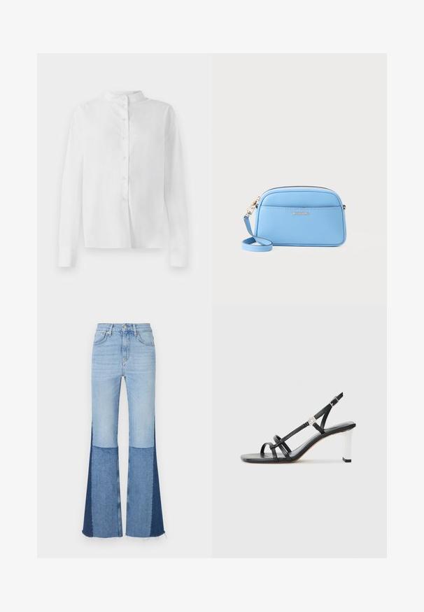 Balta ilgomis rankovėmis mygtukinė marškinė su mandarinų apykakle ir paslėptais mygtukais, eksponuojama ant baltos fono.; Džinsiniai platėjantys džinsai su šviesiai ir tamsiai mėlynos spalvos skirtingais audiniais, aukštu liemeniu ir suplėšytais kraštais, kad suteiktų papildomos tekstūros ir detalumo.; Juodi suknelės sandalai su keliais siaurais dirželiais, slingback dizainas ir sidabro akcentu ant kulno. Lygus viršutinis medžiagos paviršius ir kvadratinis kulnas.; Šviesiai mėlyna odinė per Petį nešama rankinė su auksinės spalvos detalėmis, užtrauktuko uždarymu ir priekinėmis kišenėmis. Yra reguliuojama dirželis patogumui.