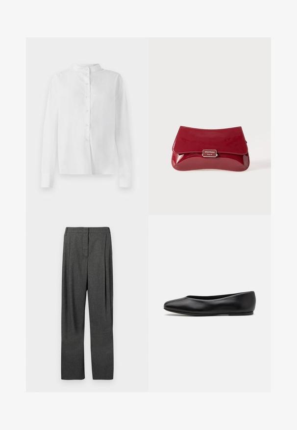 White long-sleeve button-up shirt with mandarin collar and concealed button placket, displayed on white background.; Gray tailored trousers made of woven fabric, featuring a straight leg, front pleats, and a smooth texture.; Paul Smith TOPANGA - Ballet pumps - black; Red patent leather clutch bag with a curved design, fold-over flap, and a metal logo accent on a silver plaque. Smooth, shiny texture.