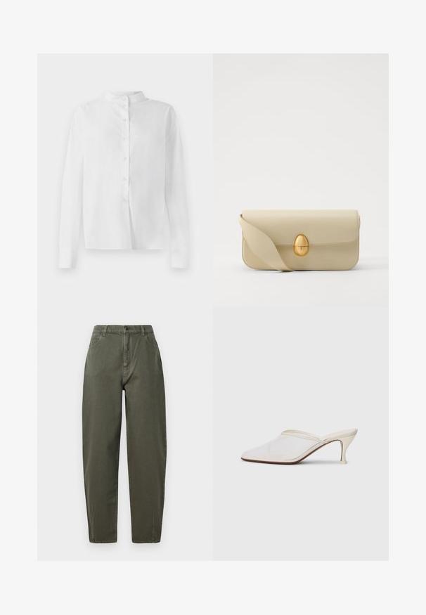 Balta ilgomis rankovėmis mygtukinė marškinė su mandarinų apykakle ir paslėptais mygtukais, eksponuojama ant baltos fono.; Kaki žali kelnės pagamintos iš patvarios medžiagos, pasižyminčios aukštu juosmeniu, tiesiu kojų dizainu, sagčių uždarymu ir šoninėmis kišenėmis.; Baltos tinklelio smailiakojės mules su plonu vidutinio aukščio kulnu ir užkulnio dizainu ant vientiso fono.; Bežinė odinė rankinė su lygiu paviršiumi, stačiakampio formos ir auksiniu ovaliu užsegimu. Yra ilga, reguliuojama petneša.