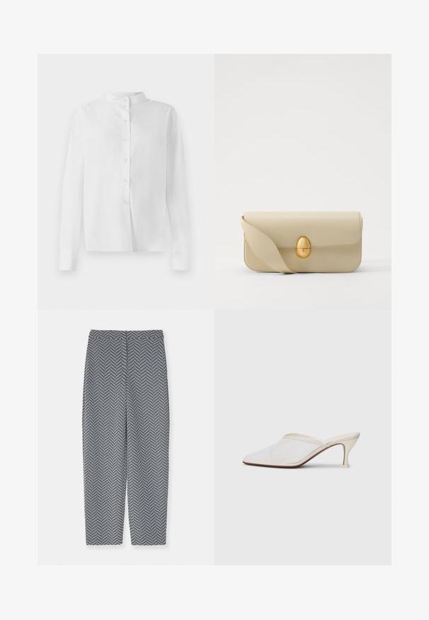 Chemise blanche à manches longues avec col mandarin et patte de boutonnage dissimulée, affichée sur fond blanc.; Emporio Armani PANTALONI - Pantalon classique - grey; Mule blanches en mesh avec un bout pointu, un talon moyen élancé et un design à enfiler, sur un fond uni.; Sac à main en cuir beige avec une texture lisse, de forme rectangulaire et un fermoir ovale doré. Il dispose d'une longue bandoulière réglable.