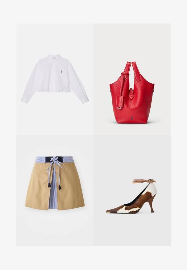 Bílá zkrácená košile na knoflíky s dlouhými rukávy, která má klasický límec a malé černé vyšívané logo na levé hrudi.; Krémová sukně s modrým pruhovaným pasem, s krajkovým předním zapínáním a černými akcenty. Hladký materiál, střední délka s přizpůsobeným střihem.; Hnědo-bílá dámská vysoká obuv s potiskem kravské kůže, špičatou špičkou, texturovaným povrchem a kotníkovým páskem se světle hnědou sponou.; Červená kožená kabelka s texturovaným povrchem, zakřiveným tvarem, dvojitými horními uchy a malou odnímatelnou akcentovou visačkou. Obsahuje logo v modré barvě.