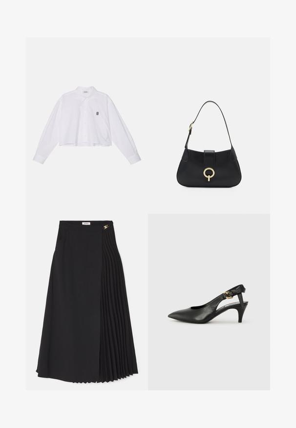 Weißes, kurzes Button-Down-Shirt mit langen Ärmeln, ausgestattet mit einem klassischen Kragen und einem kleinen, schwarzen, gestickten Logo auf der linken Brust.; Schwarze Midirock mit Plissee-Design auf einer Seite, aus leichtem Stoff gefertigt, mit unsichtbarem Reißverschluss und Seitentaschen.; Schwarze Leder Slingback-Pumpe mit spitzem Absatz, kleinem Absatz und einer Schnalle am Knöchelriemen. Glatte Textur, minimalistisches Design.; Schwarze Ledertasche mit einer geschwungenen Silhouette, kurzer Tragriemen, zentralem goldfarbenem Hardware und glatter Textur. Keine sichtbaren Muster oder Akzente.