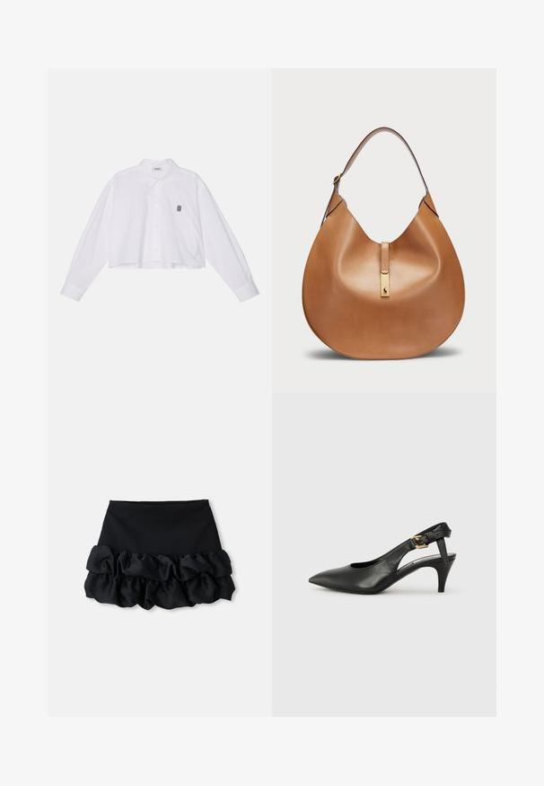 Chemise blanche à manches longues, cropped, avec un col classique et un petit logo noir brodé sur la poitrine gauche.; Mini-jupe noire avec un haut ajusté et trois couches de tissu froncé en bas, avec une texture lisse et des lignes épurées.; Chaussure à talon slingback en cuir noir avec un bout pointu, un petit talon et un détail de boucle sur la bride de cheville. Texture lisse, design minimaliste.; Sac à main en cuir tan avec une forme courbée et une large bandoulière. Présente un accent en métal doré au centre et une texture lisse.