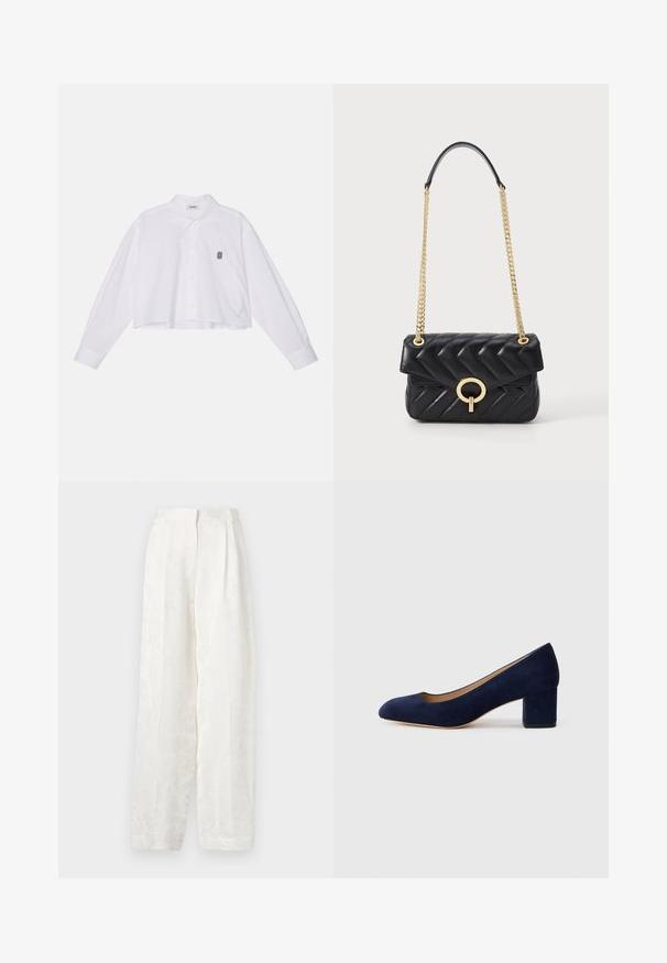 Vit kortärmad knäppskjorta med långa ärmar, med en klassisk krage och en liten svart broderad logga på vänster bröst.; Vita, vida byxor av slät, texturerad tyg med ett subtilt blommönster och en veckad frampanel.; Mörkblå mockapumps med spetsig tå och medelhög blockklack. Slät textur med en subtil glans och en liten utskärning framtill.; Svart quiltad läderhandväska med en kedjestrap i guld, med ett runt guldspänne och en klaffstängning. Kompakt rektangulär form.