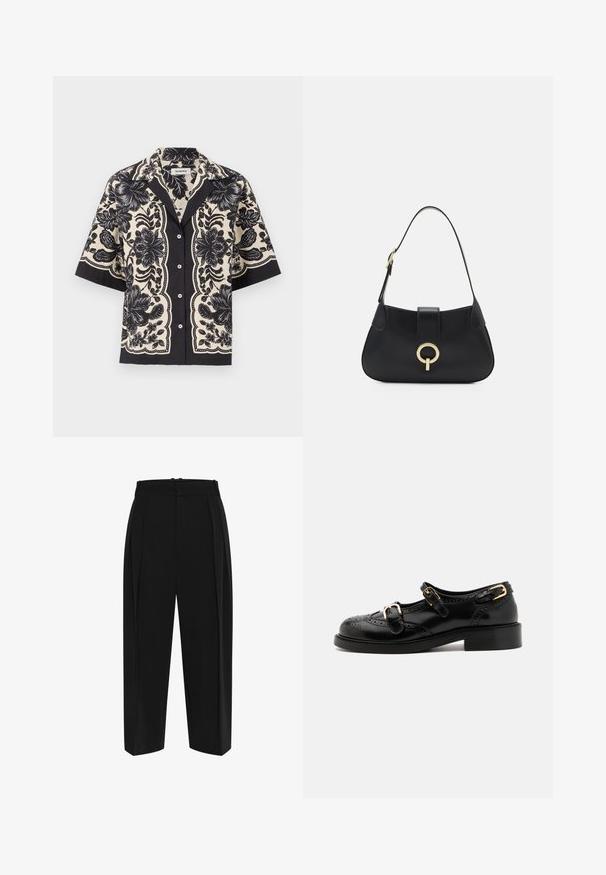 sandro CHEMISE - Bluza s gumbima - ecru/noir; Crne hlače s visokim strukom, nabranim prednjim dijelom i ravnim krojem. Izrađene od glatkog materijala s čistim završetkom i bez vidljivih metalnih dijelova.; Crne kožne cipele s brogue detaljima, koje imaju dva remena sa kopčama, okrugli vrh i niski potplat. Glatka tekstura s sjajnim završetkom.; Crna kožna torba s zakrivljenim siluetom, kratkom trakom, središnjim zlatnim hardverom i glatkom teksturom. Nema vidljivih uzoraka ili akcenata.