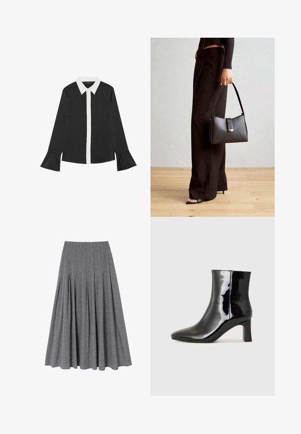 Črna srajca z belim sprednjim gumbom in ovratnikom. Ima dolge rokave z razširjenimi manšetami. Gladek material s klasičnim dizajnom.; Siva plisirana krila narejena iz lahkega blaga. Ima prilegajoč pas in se nežno razširi proti robu z gladko teksturo.; Črne lakirane gležnjarje z ošiljenim nosom in srednje visokim blokastim peto. Gladka tekstura in minimalističen dizajn.; Črna torbica z strukturirano obliko, gladko teksturo in kovinskim zaponko. Ujemajo se z širokimi črnimi hlačami in odprtimi sandali na lesenem tleh.