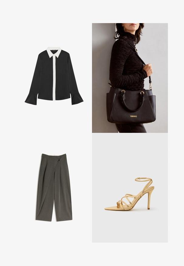 Črna srajca z belim sprednjim gumbom in ovratnikom. Ima dolge rokave z razširjenimi manšetami. Gladek material s klasičnim dizajnom.; Široke hlače iz temno sive tkanine. Imajo raven sprednji del, stranske žepke in enosmeren gumb za zapiranje. Gladka tekstura, krojen prilegajoč se fit.; Zlate sandale s peto na visoki peti, z usnjem v obliki konice, metalnim finišem, tankim gležnjastim trakom in teksturiranim peto. Eleganten dizajn z minimalnimi akcenti.; Črna torbica z teksturirano površino, z dvema zgornjima ročajema in nastavljivim ramenskim pasom. Ima zlatovrateče dodatke in stranske žepe.