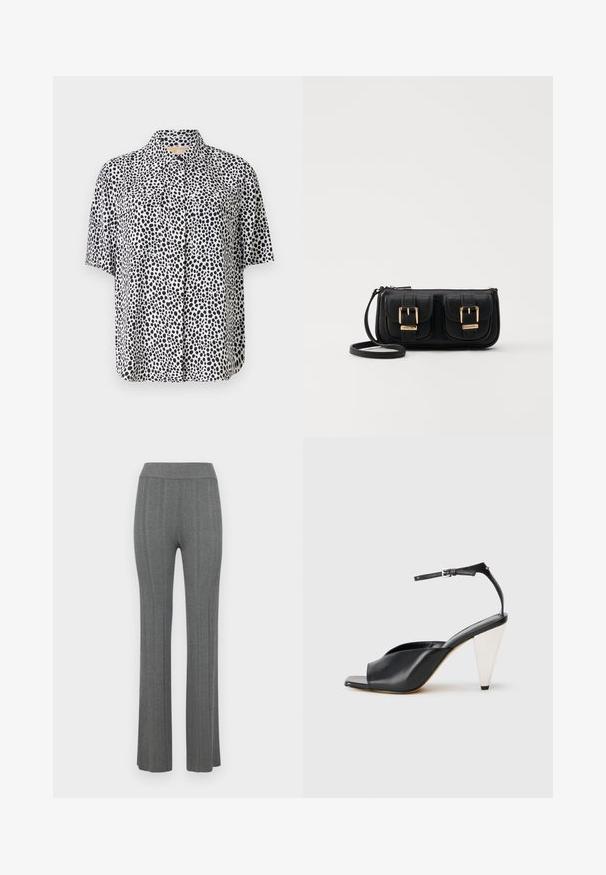 Kortermet skjorte i lett stoff, med mønster av svarte prikker på hvit bakgrunn, to frontlommer og krage.; Grå ribbede vide bukser med høy midje. Laget av et strukturert strikket stoff, med vertikale striper gjennom designet.; Svart lær høyhælte sandaler med åpen tå, asymmetrisk design, ankelstropp og en metallisk kjegleformet hæl. Glatt tekstur hele veien.; Svart skinn crossbody veske med to frontlommer, gyldne spenner, glidelåslukking og en slank stropp. Teksturert overflate og kompakt rektangulær form.