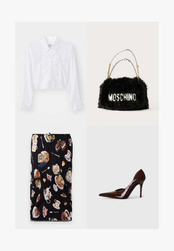 Supjaustyta balta marškinių padas, pagamintas iš lygaus medvilnės, su raukiniais priekyje, smaigalio forma apykakle ir ilgomis rankovėmis su mygtukiniais riešais.; Juoda sijonas su arbatos puodelių, pyragiukų ir kepinių raštu, su išsamiais piešiniais ir dekoratyviu nėriniu.; Ruda patentinė oda aukštakulnė bateliai su smailiu pirštu ir išpjovomis šoninėse, pasižymintys plonu kulnu ir glotnia apdaila.; Juodas dirbtinio kailio rankinės dizainas su auksinėmis ir sidabrinėmis grandinėmis. Ant priekio užrašas "MOSCHINO" baltos spalvos. Minkšta tekstūra ir stačiakampis forma.