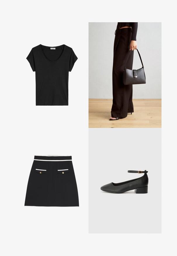 Zwarte t-shirt met korte mouwen en een ronde hals, gemaakt van zacht, lichtgewicht materiaal met een gladde textuur en zonder zichtbare patronen.; Zwarte rok met een witte bies aan de tailleband en zakken. Heeft twee voorzakken met gouden knopen. Soepele stofstructuur.; Zwarte leren pump met een spitse neus en een lage blokhak. Beschikt over een enkelband met een goudkleurige gespsluiting. Gladde textuur.; Zwarte handtas met gestructureerde vorm, gladde textuur en een metalen sluiting. Gecombineerd met brede zwarte broeken en sandalen met open teen op een houten vloer.