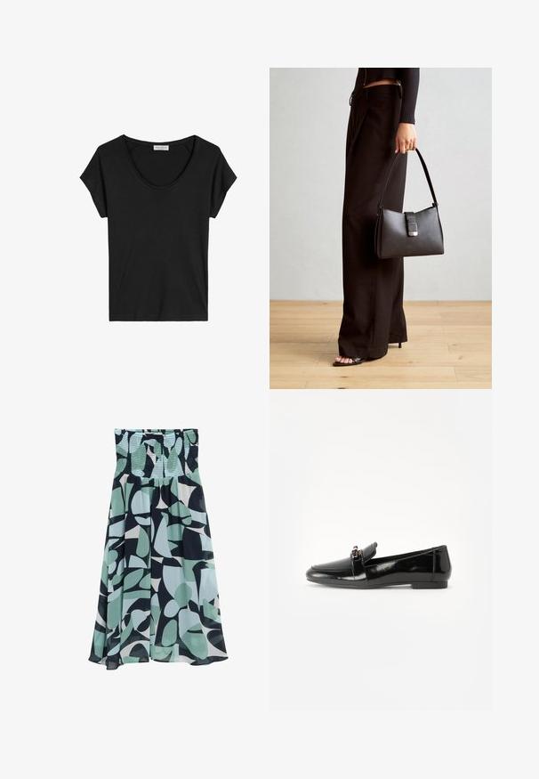 Schwarzes kurzärmliges T-Shirt mit rundem Halsausschnitt, aus weichem, leichtem Stoff mit glatter Textur und ohne sichtbare Muster.; Ausgestellter Rock in einem hellen Mint- und Marineblau-Abstraktdruck. Verfügt über einen gerafften Bund und ein fließendes, leichtes Gewebe mit einer sanften Textur.; Schwarze Lackleder-Lederschuhe mit flacher Sohle, runder Spitze und einem dekorativen Riemen mit einem goldfarbenen Akzent. Glattes, glänzendes Finish.; Schwarze Handtasche mit strukturierter Form, glatter Textur und einem metallischen Verschluss. Kombiniert mit weiten schwarzen Hosen und offenen Sandalen auf einem Holzboden.