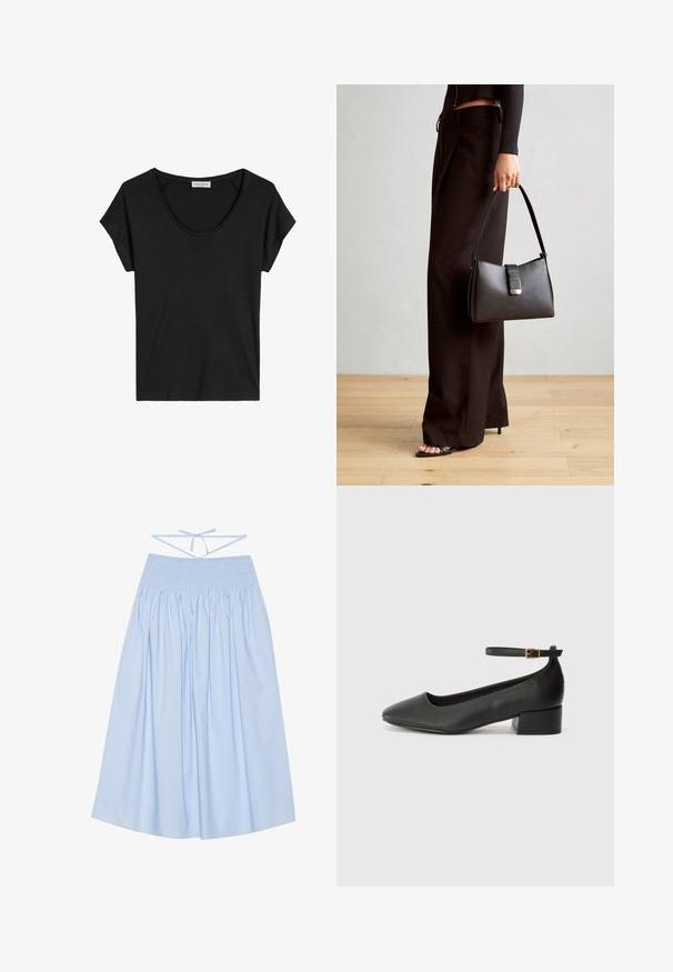 Schwarzes kurzärmliges T-Shirt mit rundem Halsausschnitt, aus weichem, leichtem Stoff mit glatter Textur und ohne sichtbare Muster.; Helle blaue Baumwollrock mit gerafftem Bund, fließender Silhouette, breiten Falten und dünnen Bindebändern hinten für eine verstellbare Passform.; Schwarze Lederpumps mit spitzem Zehenbereich und niedrigem Blockabsatz. Mit einem Knöchelriemen und einer goldfarbenen Schnalle. Glatte Textur.; Schwarze Handtasche mit strukturierter Form, glatter Textur und einem metallischen Verschluss. Kombiniert mit weiten schwarzen Hosen und offenen Sandalen auf einem Holzboden.